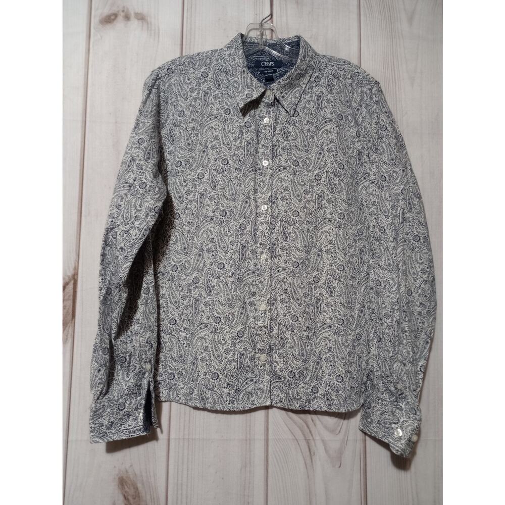 Chaps Shirt Ladies 2XL Blue White Paisley Button Up Long Sleeve No Iron Soft Top